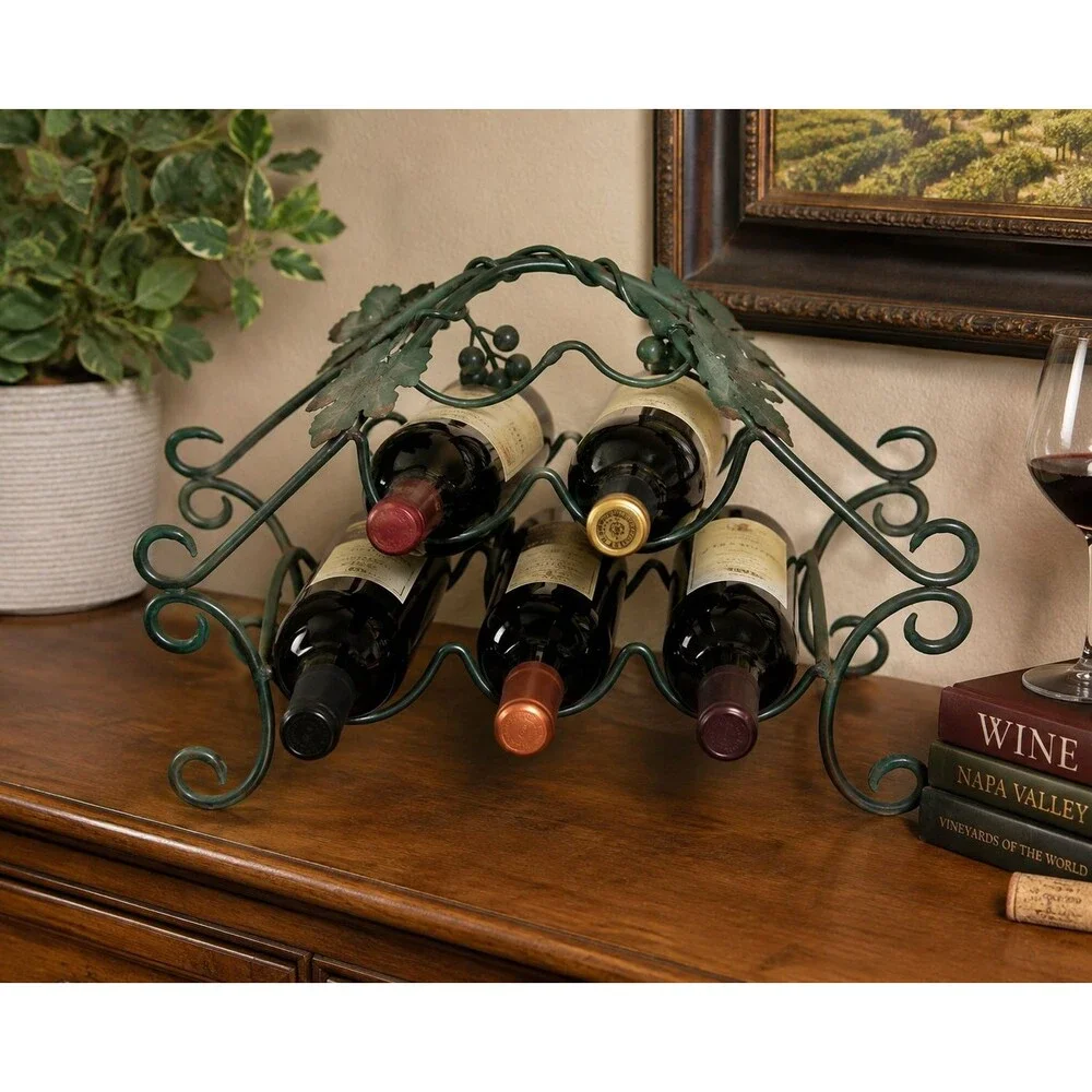 VTG Metal Grapevine Wine Rack Holder 5 Bottle Green Scrollwork Tabletop 1990s